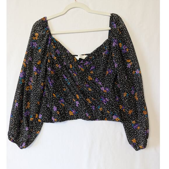 ASTR Shirred Puff Sleeve Sweetheart Neck Floral Smocked Top Size L Boho Black - Picture 2 of 9